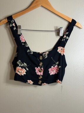 American Eagle Outfitters Black Floral Button-Front Crop Top